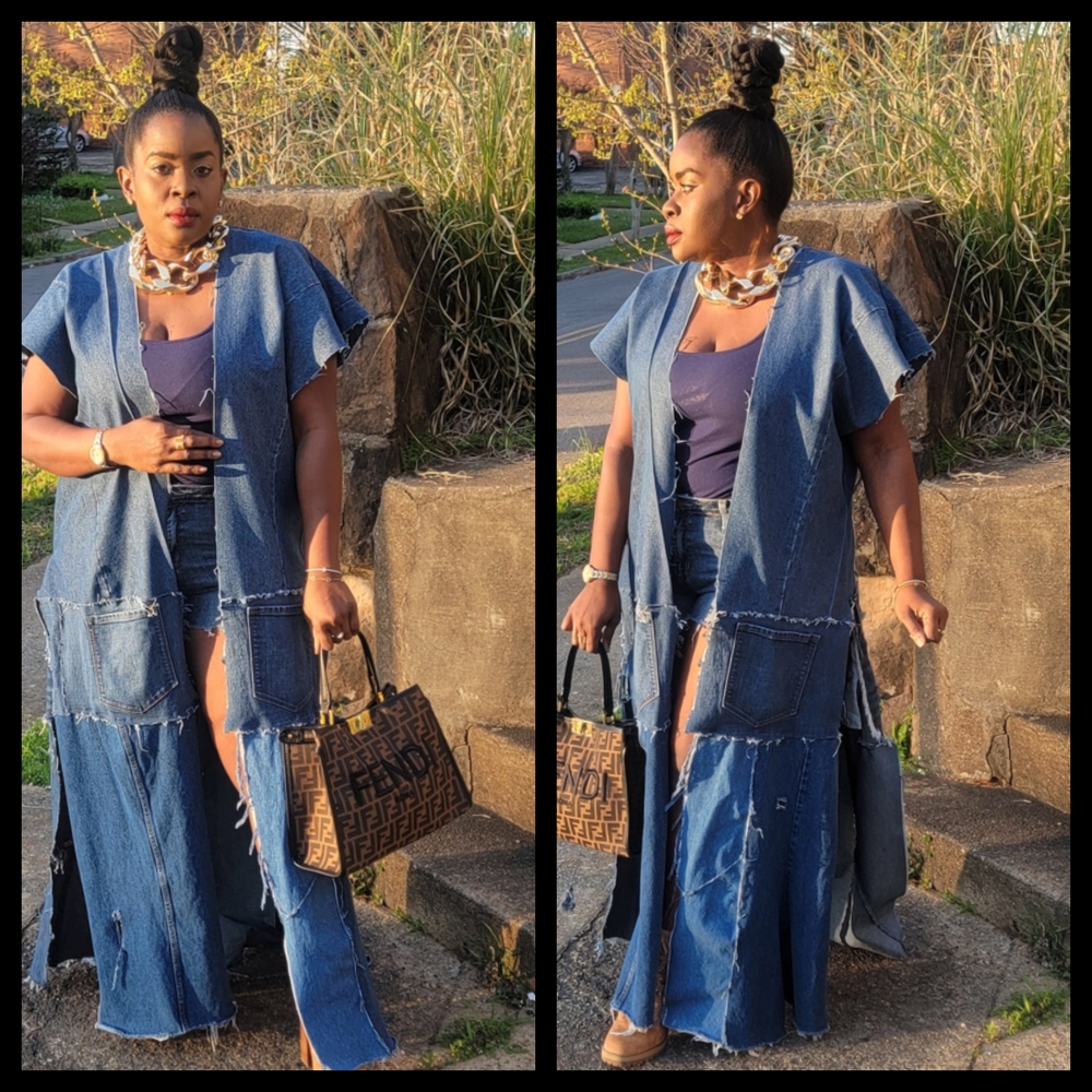 Stylish Blue Denim Maxi Duster Vest